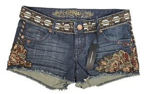 EXPRESS JEANS Women's Blue Beaded Short Shorts Bling Sexy Denim Size 2 NWT - Picture 1 of 10