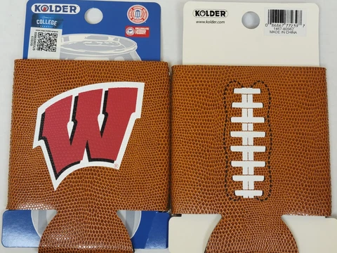 NCAA Wisconsin Badgers PIGSKIN CADDY Can Cooler, Coozie, Koozie, NEW (Set of 2) Cover
