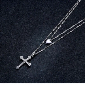 Voroco 100% Sterling Silver Charm Necklace Cross Heart Chain For Women Jewellry - Picture 1 of 12