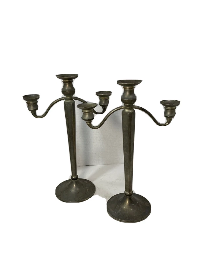 "Par de candelabros Pottery Barn (2) tres velas 14,5"" acabado de peltre candelabro" Foto 1 de 4