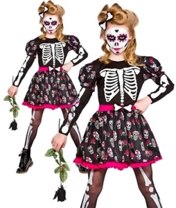 Niño CALAVERA DE LOS MUERTOS Día del Azúcar Halloween Niñas Elegante Vestido Disfraz Edades 5-13 - Imagen 1 de 5