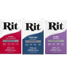 THREE (3) Rit Powder Dye Fabric Dye 1-1/8 Ounce All Purpose DENIM / PURPLE / RED