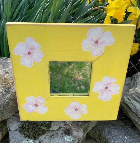 Handpainted ReFab Mirror Wall 10 x 10 Yellow  with Dogwood Flowers Wall Hanging Cover