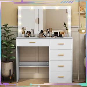 Modern Vanity Dressing Table with 5 Drawers Dresser Desk 11 LED Bulbs Mirror - Picture 1 of 9