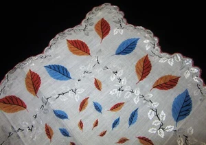 Vintage Hankie Colorful Leaves Galore Silver Leafy Accent Scalloped - Picture 1 of 2