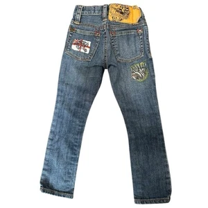 Ed Hardy Uni-Sex Kids 4 Blue Wash Bulldog Union Jack British Flag Bootcut Jeans - Picture 1 of 9