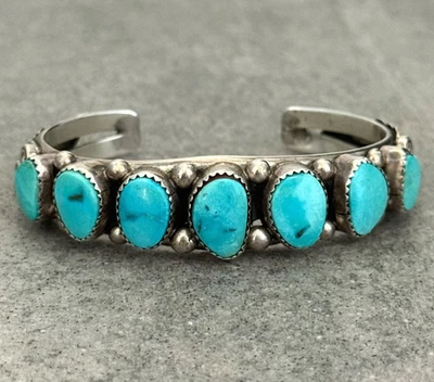 Vintage Navajo SLEEPING BEAUTY Turquoise ROW Sterling Silver Bracelet 6.75 in - Image 1 of 4