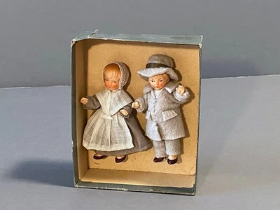 Sweet Antique Miniature Dolls in Shaker Dress Outfits Boy and Girl Composition - Image 1 of 4