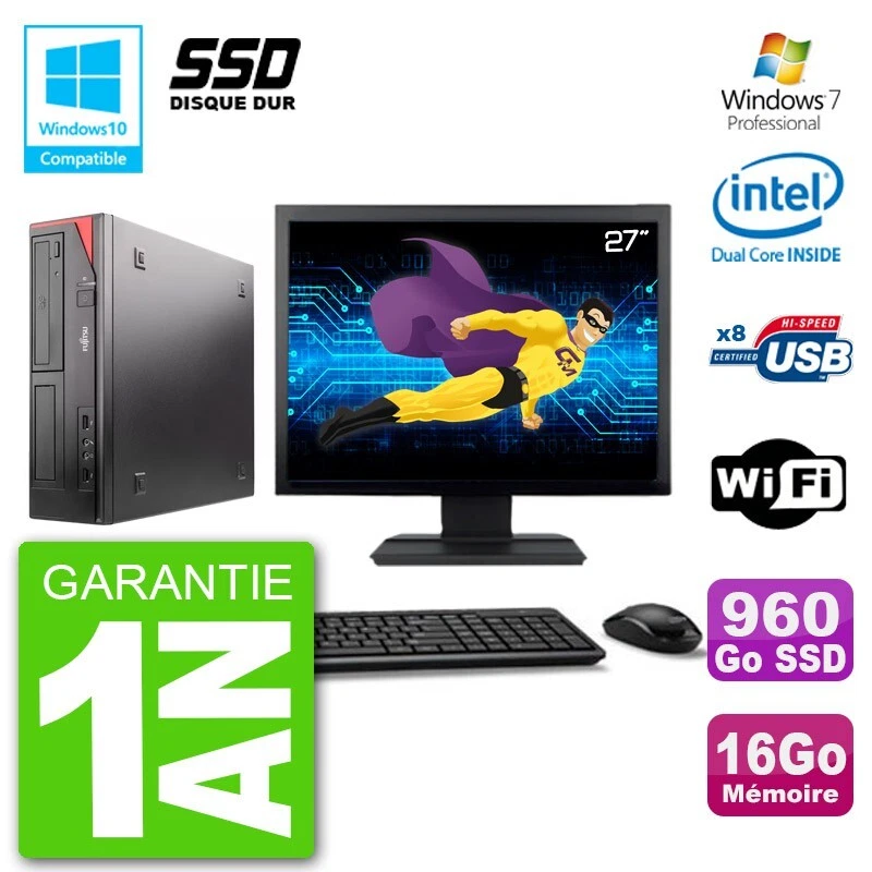 PC Fujitsu Esprimo E520 Schermo 27 " G3220 RAM 16Go SSD 960Go Unità DVD Wifi W7 - Immagine 1 di 1