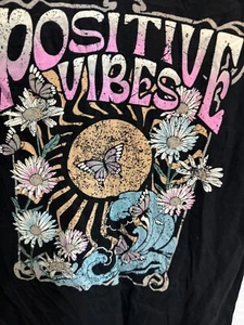 Desiree T-Shirt Womens Large Black Graphic Print Floral Positive Vibes Butterfly - Picture 1 of 9