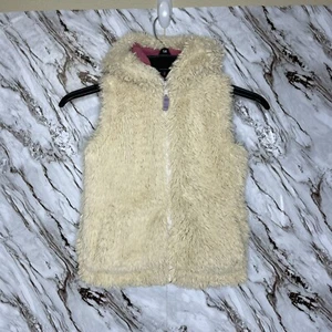 Mini Boden Vest Girls Size 4-5 Y Ivory Faux Fur Fuzzy Zip, Hood Lined Pockets - Picture 1 of 7