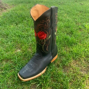 Women's Rodeo Square Toe Cowgirl Hand Made Boots Black Bota Vaquera Mexicana - Picture 1 of 13