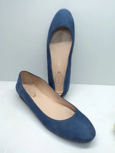 Tod’s Blue Suede Leather Ballet Flats with Silver Studded Heel Women’s 38½ ITALY - Picture 1 of 10