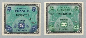 France 2 and 5 francs 1944, P114a (AU), P115b(XF) (35) Catalog prices $100 - Picture 1 of 2