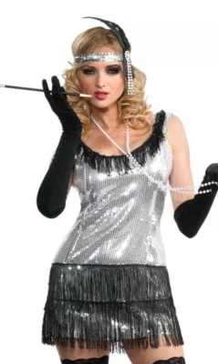 Vestido Rubie's All That Jazz Para Mujer Plateado Lentejuelas Aleta Años 20 Disfraz (M) Foto 1 de 2