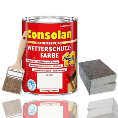 Consolan Wetterschutzfarbe 5 l Weiß Holzschutz Schleifen Pinsel Set - Bild 1 von 4
