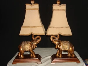 (2) PAIR TROPICAL BRONZED PAINTED  ELEPHANT TABLE LAMPS W/SHADES 21"X 10"X 8"  - Picture 1 of 5