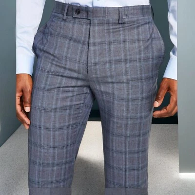 Calvin Klein 男式灰色/蓝色羊毛格子修身裤裤尺寸 36W x 30L 全新带标签 — 第 1/3 张图片