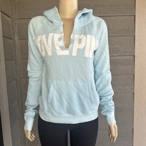 PINK Victorias Secret Deep V-neck Terry Cloth Hoodie Medium Logo Aqua Blue Soft - Picture 1 of 5