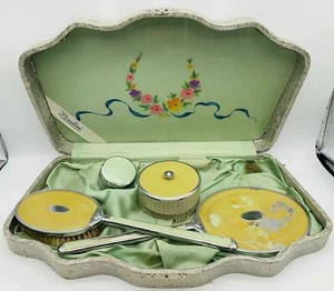 Vtg Pereline Vanity Set in Satin Case Brush Comb Mirror 2 Glass Jars Cuticle Pc - Picture 1 of 12
