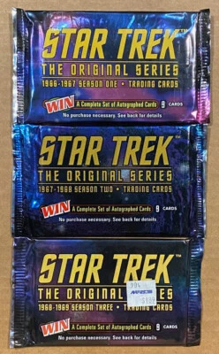 PACOTES DE CARTAS COLECIONÁVEIS SÉRIE ORIGINAL FLEER STAR TREK SKYBOX TEMPORADA 1-2-3 -3 PACOTES - Imagem 1 de 2