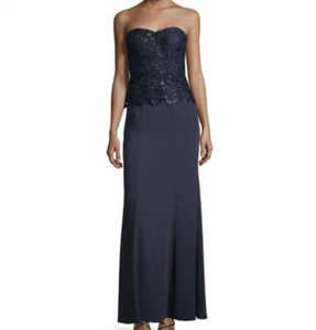 Aidan Mattox Womens Sz 2 Navy Blue Sequin Lace Strapless Evening Tube Dress Gown - Picture 1 of 11