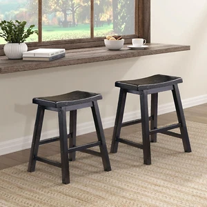Finnian Saddle Solid Wood Table Height Bar Stool Set of 2 - Saddle Kitchen Stool - Picture 1 of 6