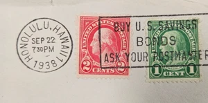 Franklin 1 c green and Washington 2 c red Postmarked 1938 circa Hawaii - Picture 1 of 4