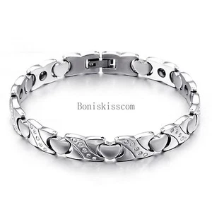 Silver Tone Stainless Steel  Love Heart CZ Chain Bracelet Black Magnetic Stone - Picture 1 of 6