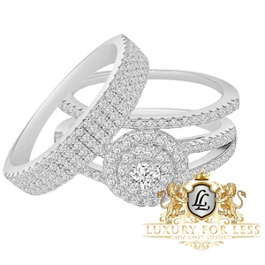 Real White Gold Sterling Silver Simulated Diamond Bride Groom Wedding Rings Set - Picture 1 of 4