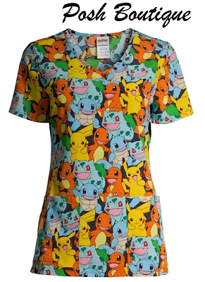 NWT Pokemon Pikachu Scrub Top Shirt Men Womens Sz XS S M L XL Plus 2XL 2X 3X 3XL - Image 1 of 4