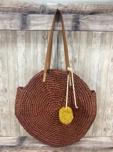 American Eagle Woven Faux Raffia Bag Circular Rust Large Tote Travel - Bild 1 von 12