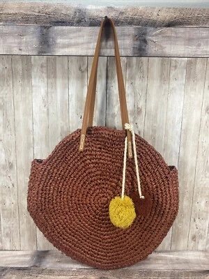 American Eagle Woven Faux Raffia Bag Circular Rust Large Tote Travel - Image 1 of 4