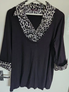 Evans size 20 ladies black t shirt 3/4 sleeves contrasting print collar cuffs - Picture 1 of 6