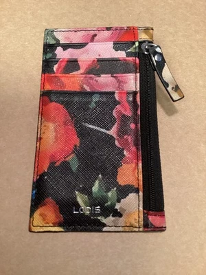 LODIS ESTUCHE APILADOR DE TARJETAS PEQUEÑO DE CUERO FLORAL CON BOLSILLO CON CREMALLERA *NUEVO SIN ETIQUETAS* Foto 1 de 4