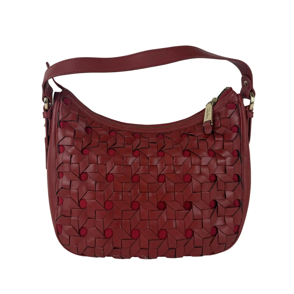Cole Haan Leather Shoulder Bag Womens Red Basketweave Hobo Purse Gold Zip Top - Image 1 of 4