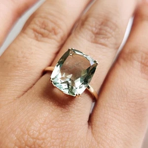 4.41 Carat Natural Green Amethyst Cushion Cut 14K Gold Band Ring Birthstone Gift - Picture 1 of 10