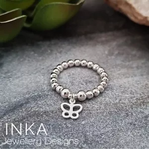 Sterling Silver Butterfly Charm Ring 925 Beaded Stretch Thumb by INKA - Picture 1 of 5