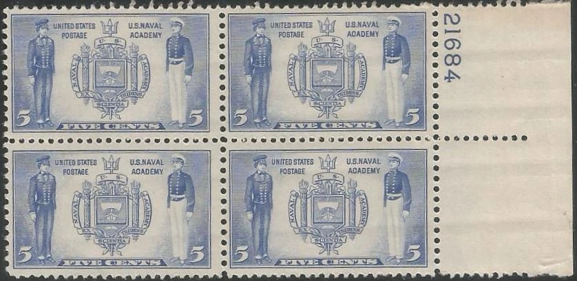 Plate Block of 4 stamps - Scott 794 - 5 cent - U.S. Naval Academy - 1937 - MNH - Image 1 of 1