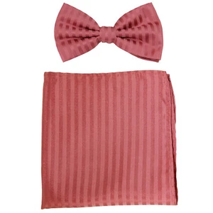 New formal Men's polyester pre-tied bow tie_hankie tone on tone stripes coral - Picture 1 of 3