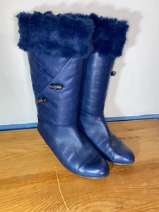 Vintage 80's blue leather mid calf boots with fur trims size 4.5 - Picture 1 of 7