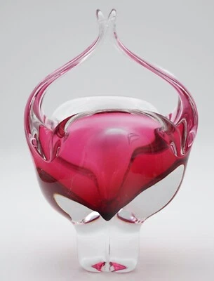Josef Hospodka Chribska Czech Rubin Glass Hand Made Pink Freeform Art Bowl 9" H - Image 1 of 4