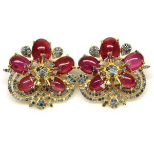 925 Argento Sterling 7 x 9 MM Rosso Rubino & Zaffiro Blu Orecchini 18KGold - Foto 1 di 4