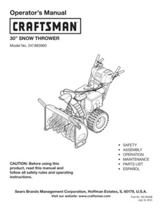 Owner’s Manual Sears Craftsman 30” Snow Thrower/Blower - Model 247.883960 - Picture 1 of 4