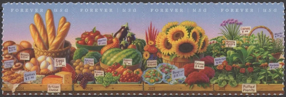 US Farmers Market Forever Stamp Strip of 4 Scott #4912-4915 - Image 1 of 1