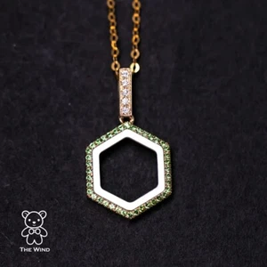 Hexagon Mother of Pearl Tsavorite Diamond Minimalist Pendant Necklace 18k Gold - Picture 1 of 8
