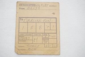 1985 British Rail Darlington Railway Wagon Label  - Bild 1 von 2