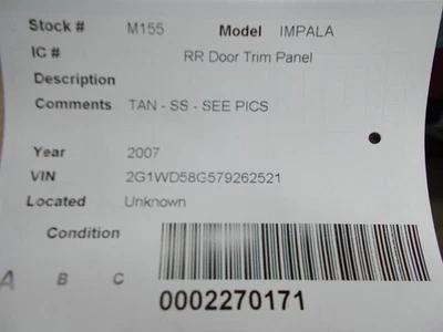 IMPALA    2007 Door Trim Panel, Rear 171205-1 Foto 1 de 4