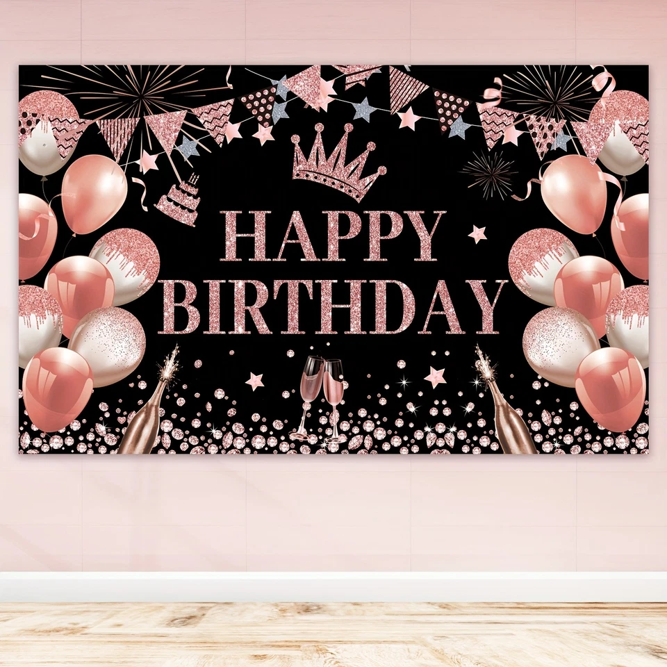 Rose Gold Birthday Party Backdrop Rose Gold Glitter Balloons Happy Birthday! - Image 1 of 4