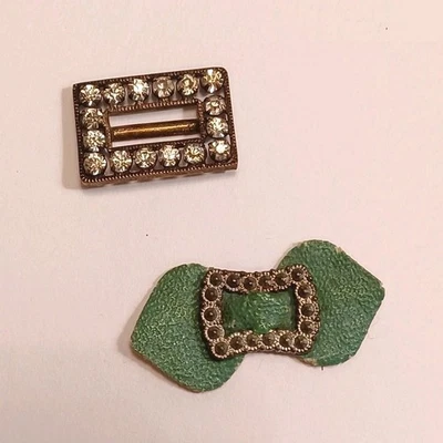 Vintage Miniature Buckles Brass Rhinestone Czech & Silver Buckle Green Bow - Image 1 of 4